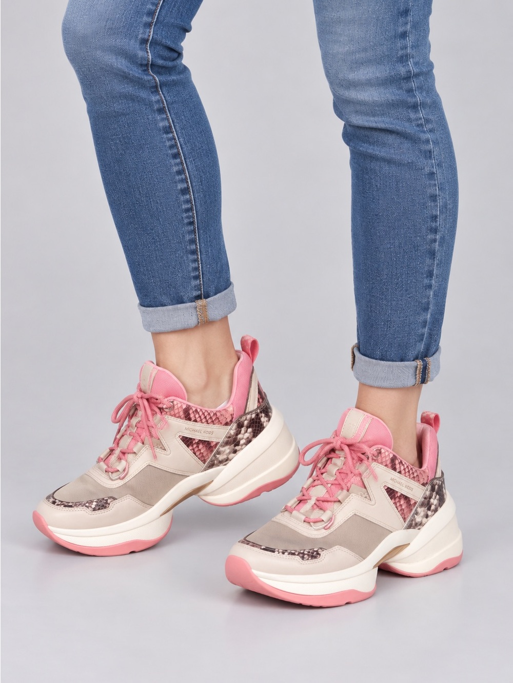 Ladies Michael Kors Olympia Trainer Pink and White Platform Sneakers